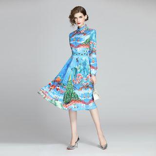 Printed Long-sleeve A-line Pleated Dress