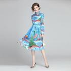 Printed Long-sleeve A-line Pleated Dress