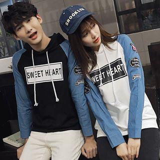 Couple Matching Lettering Denim Raglan Hoodie