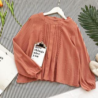 Plain Loose-fit Linen Puff-sleeve Blouse