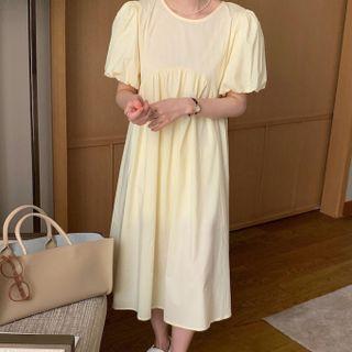 Puff-sleeve Plain Midi Shift Dress