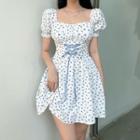 Short Sleeve Square-neck Floral Print Lace-up Mini A-line Dress
