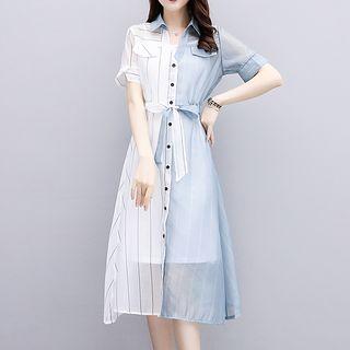 Striped Panel Short Sleeve Shirt Dress With Slipdress