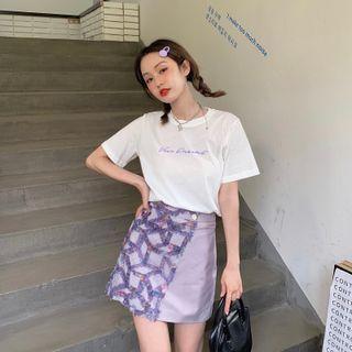 Letter Embroidered T-shirt / Mesh Panel Mini A-line Skirt