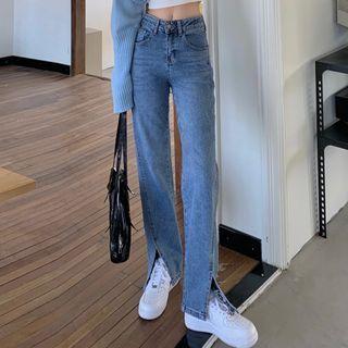 Mid Rise Slit Straight Leg Jeans