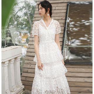 Set: Lace Short-sleeve Midi A-line Dress + Slipdress