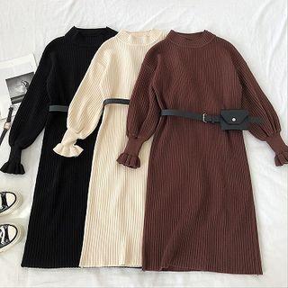Plain Mock-neck Rib Knit Long-sleeve Dress With Fanny Pack