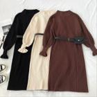 Plain Mock-neck Rib Knit Long-sleeve Dress With Fanny Pack