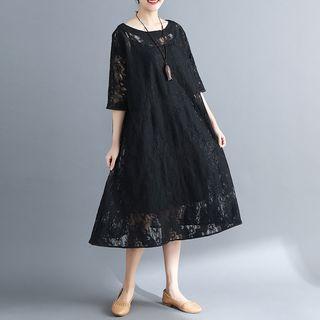 Set: Elbow-sleeve Midi Lace Dress + Spaghetti Strap Dress