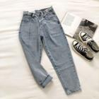 Plain Distressed High-waist Cropped Jeans