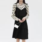 Set: Dot Print Blouse + Spaghetti Strap Mini Dress Blouse - Almond - One Size / Dress - Black - One Size