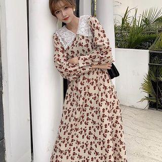 Lace Floral Print Long-sleeve Dress