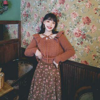 Tie-neck Sweater / Floral Corduroy Midi A-line Skirt