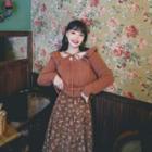 Tie-neck Sweater / Floral Corduroy Midi A-line Skirt