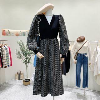 Long-sleeve Flower Print Midi A-line Dress Black & Floral - Black - One Size
