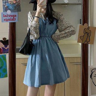 Long-sleeve Mock Two-piece A-line Denim Dress