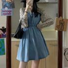 Long-sleeve Mock Two-piece A-line Denim Dress