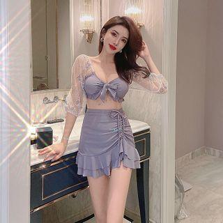 Set: Mesh Panel Swim Top + Ruffled Swim Skirt + Bottom
