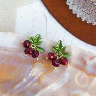 Retro Fruit & Leaf Dangle Earring Silver Needle Earring - Green & Dark Red - One Size