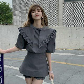 Short-sleeve Frilled Blouse / High-waist Slim-fit Skort