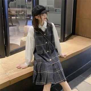Plain Loose-fit Shirt / V-neck Plaid Dress