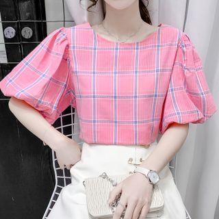 Puff-sleeve Color Block Plaid Chiffon Top