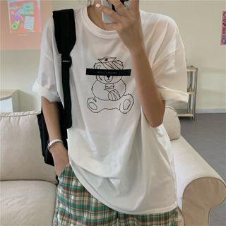 Plaid Harem Pants / Short-sleeve Bear Print T-shirt