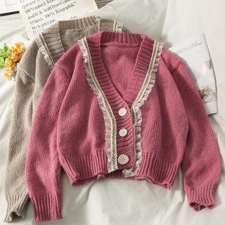 Mesh Ruffle-trim Loose Cardigan