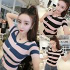 Short Sleeve Button Decor Rib Knit T-shirt