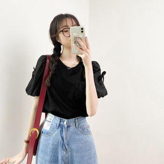 Round-neck Plain Bow Oversize Blouse