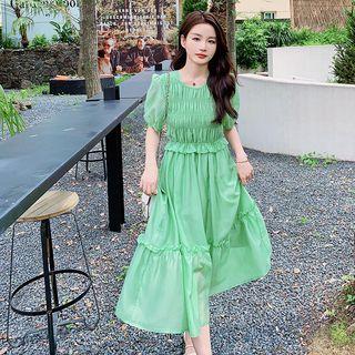 Short-sleeve Shirred Ruffle Trim Plain Dress
