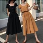 Set : Square-neck Short-sleeve Cropped T-shirt / High-waist A-line Skirt