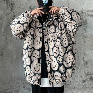 Smiley Face Print Zip-up Jacket