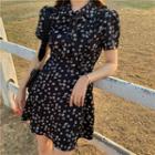 Short-sleeve Floral Mini A-line Dress Black - One Size
