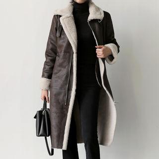 Belted-detail Faux-shearling Long Jacket