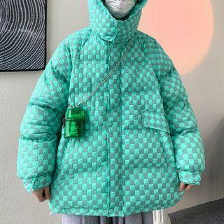Checkered Padded Hooded Zip-up Jacket