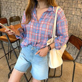 Long-sleeve Plaid Shirt Sky Blue - One Size