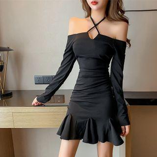 Halter Off-shoulder Long-sleeve Mini A-line Dress