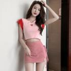 Short-sleeve Printed Cropped T-shirt / High-waist Plaid Lace-up Skort
