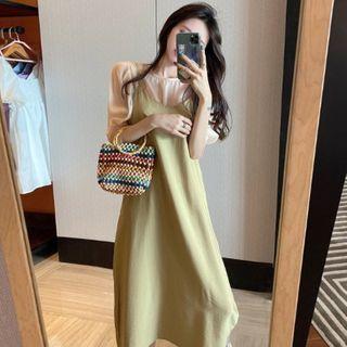 Puff-sleeve Plain Top / Sleeveless Midi Dress