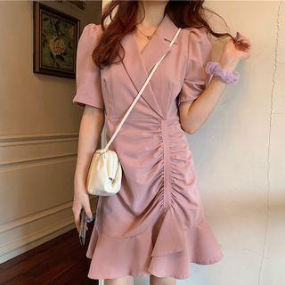 Shirred Ruffled Hem A-line Blazer Dress