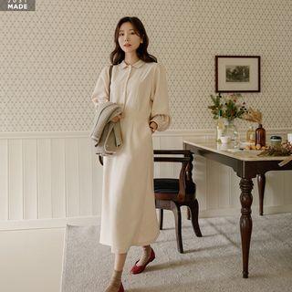 Puff-sleeve Half-placket Long Dress