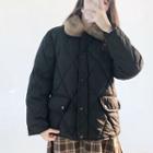 Furry Collar Jacket / Plaid Midi Skirt