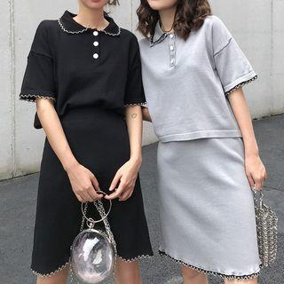 Set: Contrast Trim Short-sleeve Polo Shirt + A-line Skirt