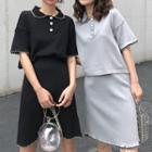 Set: Contrast Trim Short-sleeve Polo Shirt + A-line Skirt