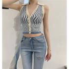 Halter-neck Cropped Knit Polo Shirt Blue - One Size