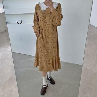 Contrast-collar Ruffled Long Dress