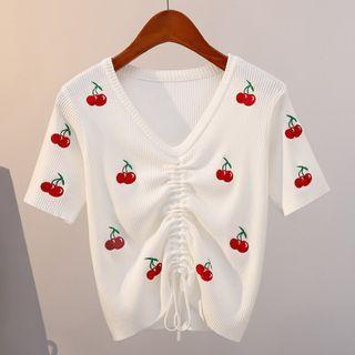 Cherry Embroidered Drawstring Short-sleeve T-shirt