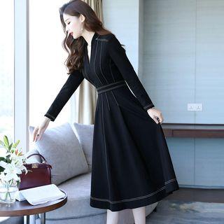 Long-sleeve Stitched Trim A-line Midi Dress