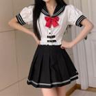 Short-sleeve Sailor Collar Shirt / Pleated Skirt / Bow / Set